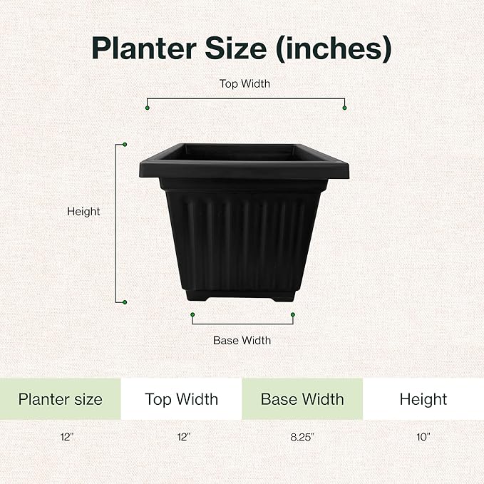 12 Inch Venetian Square Plant Pots with Drainage Holes, Lightweight UV-Resistant Plastic Outdoor Planters, 2-Pack Flower Pots for Patio & Garden Decor, Black