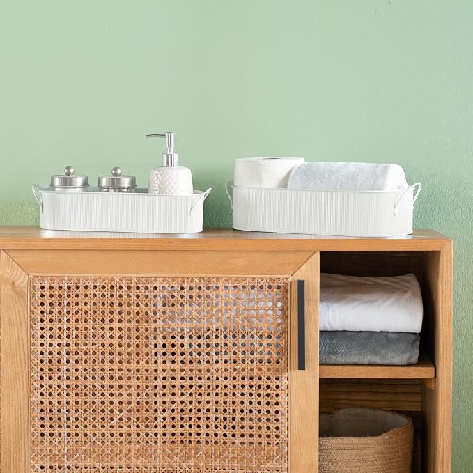 Mkono Metal Storage Basket, Toilet Paper Holder Bathroom decor, 2 Pack | White, Farmhouse Galvanized Metal Tray, Back of Toilet Tank Organizer, Decorative Bin, Bathroom Bedroom Living Room Office