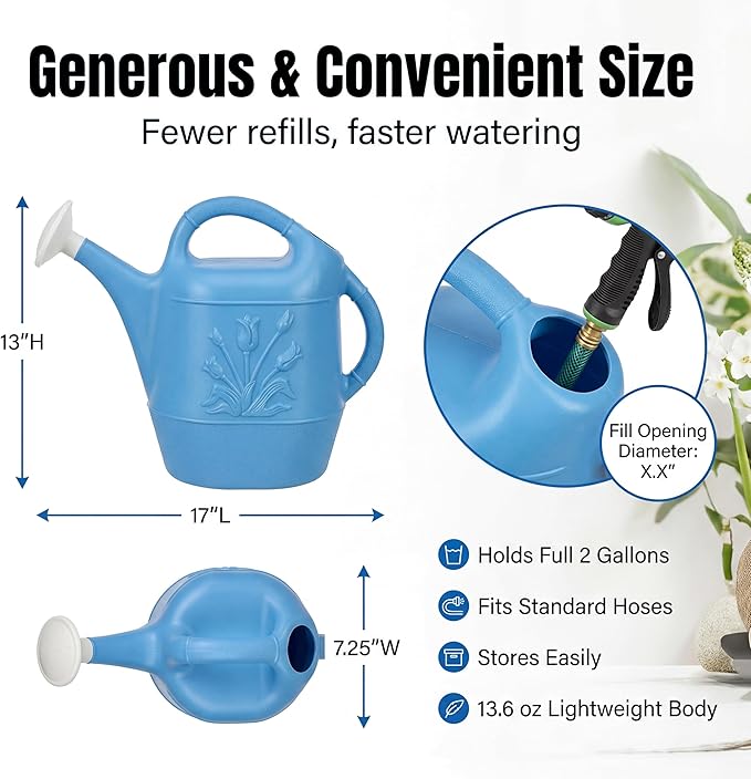 PMU 2 Gallon Watering Can - Garden Watering Can for Indoor & Outdoor Plants - Plastic Water Can with Detachable Sprinkler Head - Large Water Pot, Made in USA - Blue Pkg/3