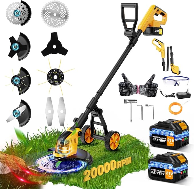 4-in-1 Electric Weed Wacker Cordless Edger Trimmer Brush Cutter, 20000RPM Weed Eater Battery Powered, Heavy Duty/Weed Trimmer/Lawn Mower W/Wheel Metal Blade, 2 Battery Garden
