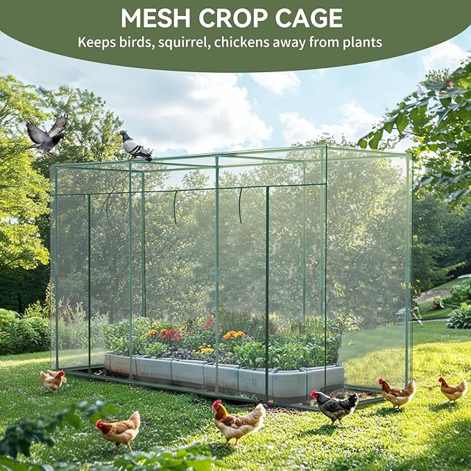 Crop Cages for Garden Plant, 9.8x3.3x6 Ft Plant Protection Tent with Zippered Door, Raised Garden Bed Cover with Frame, Wind-Resistant Plant Cages for Outdoor Plants Vegetable Flower