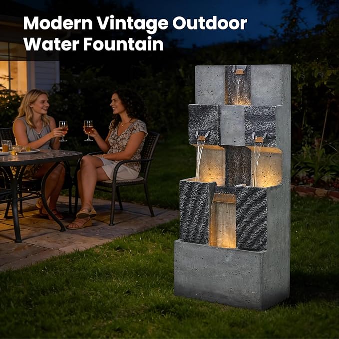 Sunlinua 45H Modern Grid Outdoor Water Fountain with LED Light Garden Cascading Waterfall Feature for Indoor or Outdoor Cascading Waterfall for Relaxing Garden Patio Backyard Deck Porch or Home Décor