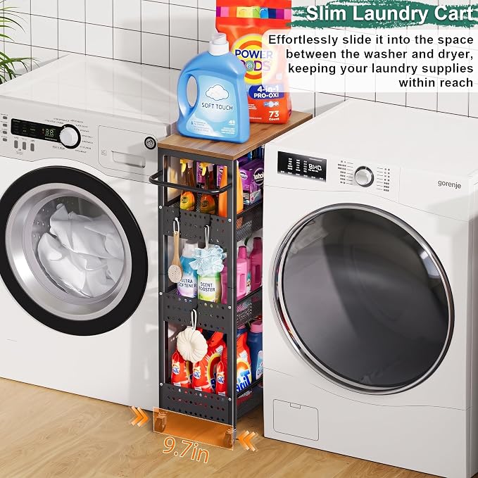 Laundry Room Slim Rolling Cart with Wheels for Between Washer and Dryer Gap | Utility Slim Storage Cart with Table Top, Small Laundry Organizers and Storage Shelves, Thin Shelf for Narrow Spaces, 4 Tier