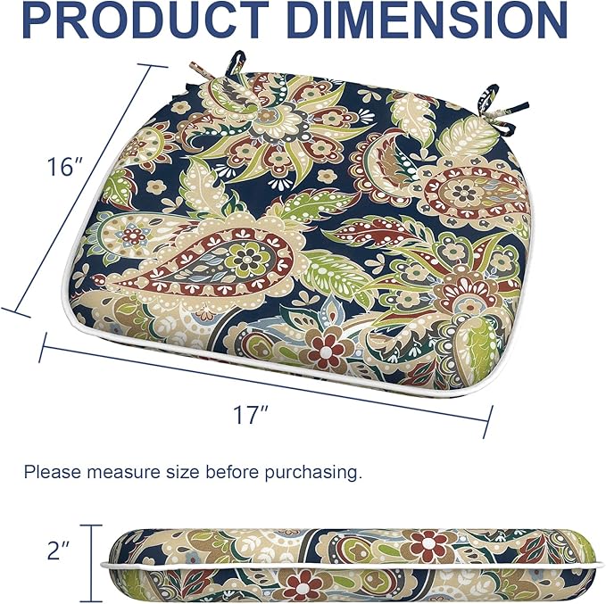 Outdoor Chair Cushions 16"x17" Set of 2, Water Resistant Patio Chair Pads with Ties, Seat Cushions for Home Garden Furniture Decoration, Paisley Sapphire Blue