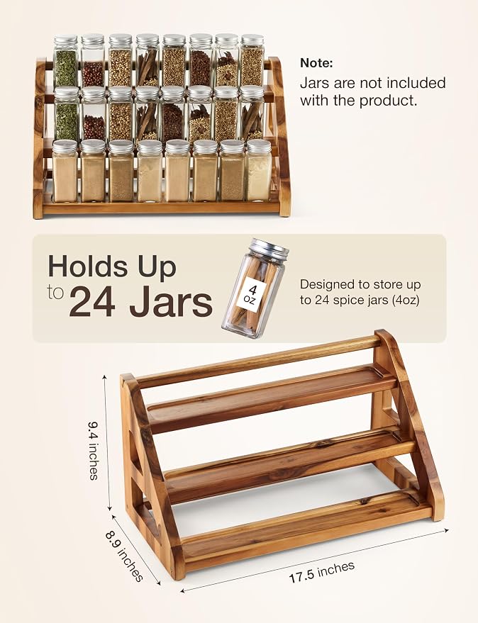Tinamo Acacia Wood Spice Rack for Countertop, 3-Tier Design, Holds 24 Jars | Solid Acacia Wood, 3-tier Spacious Design for 24 Spice Jars, Cutout Grooves for Secure Storage, Easy Assembly, Acacia Color