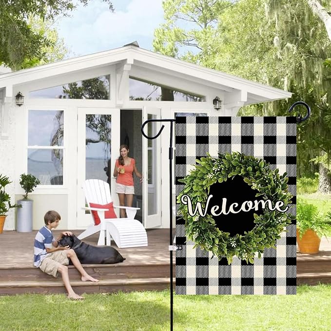 Baccessor Boxwood Wreath Welcome Garden Flag Double Sided, Buffalo Plaid Check Spring Yard Flag Burlap, Small Farmhouse Rustic Flags for Outdoor Outside Decor 12.5 X 18 Inch