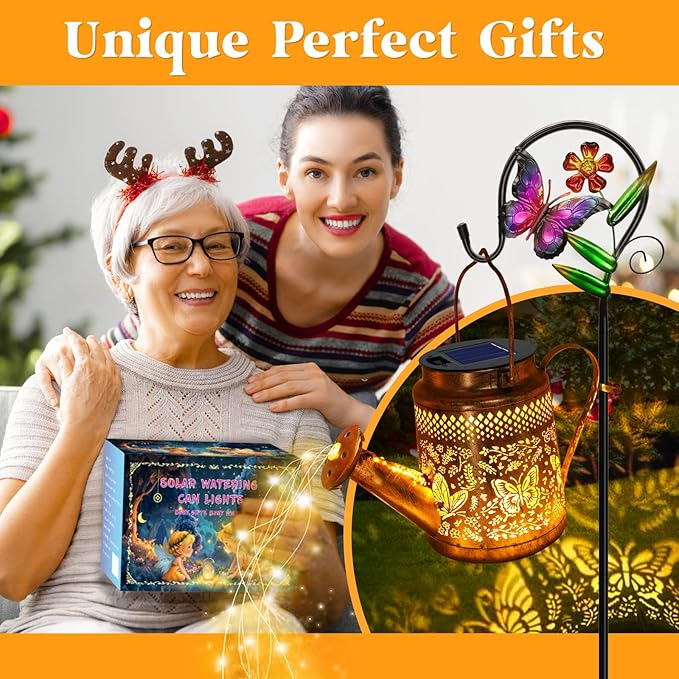 2 Pack Solar Butterfly Watering Can Lights, Gifts for Mom Grandma Women Wife Daughter Mother's Day, Waterproof Outdoor Decor Lights with Shepherd Hook, Hanging Lantern Lights for Yard Garden Backyard