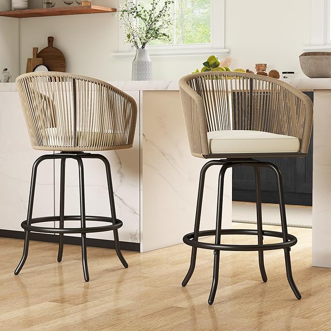 YITAHOME Counter Height Bar Stools Set of 2, Outdoor Bar Stools with Soft Cushions, Patio Rattan Swivel Bar Chairs for Backyard Poolside, Garden w /360 Rotation (Beige)