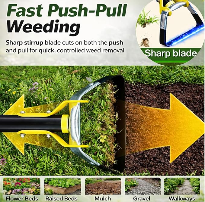 Garden Hoe for Weeding - Sharp Push Pull Blade,Stainless Steel Stirrup Weeder Hoe, 30-54 Inch Adjustable, Stand Up Loop Weed Hoe Tool for Women Seniors