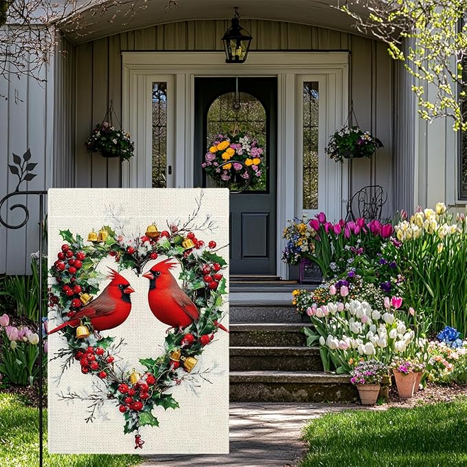 Spring Summer Cardinal Love Hearts Garden Flag 12x18 Double Sided, Welcome Yard Decor, Farmhouse Outdoor Flag for Lawn Patio Porch