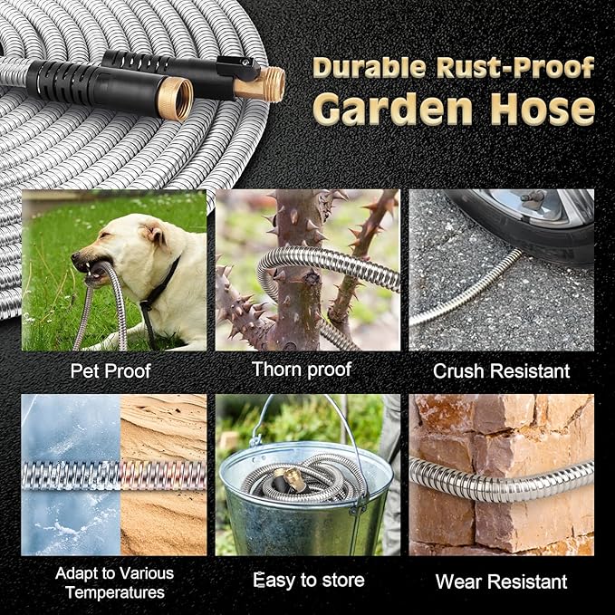 Metal Garden Hose 100FT Stainless Steel Heavy Duty Flexible Lightweight Water Hoses Pipe with 10-Function Spray Nozzle and 3/4" Solid Brass Fittings No Kink Durable for Outdoor Yard & Lawn