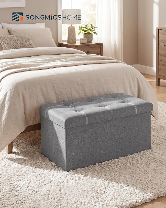 SONGMICS HOME Storage Ottoman, 21 Gallons End of Bench, 15.2 x 30.2 x 15.2 Inches, for Entryway, Living Room, Light Gray
