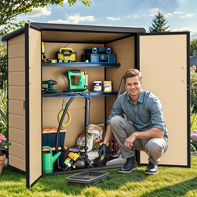 DWVO Outdoor Storage Shed 54 cuft with 2 Shelves, 4.2x2.6x5ft Vertical Tool Shed with Floor & Lockable Doors, Sturdy Double-Wall Plastic Cabinet for Garbage Cans and Garden Storage, Brown