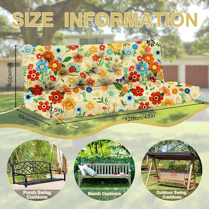 Premium 5" Thick Waterproof Outdoor Swing Cushions Sturdy Durable 2-3 Seat Replacement Porch Swing Cushions with Backrest&Ties Bench Cushion for Outdoor Furniture Backyard Patio (Flower03)