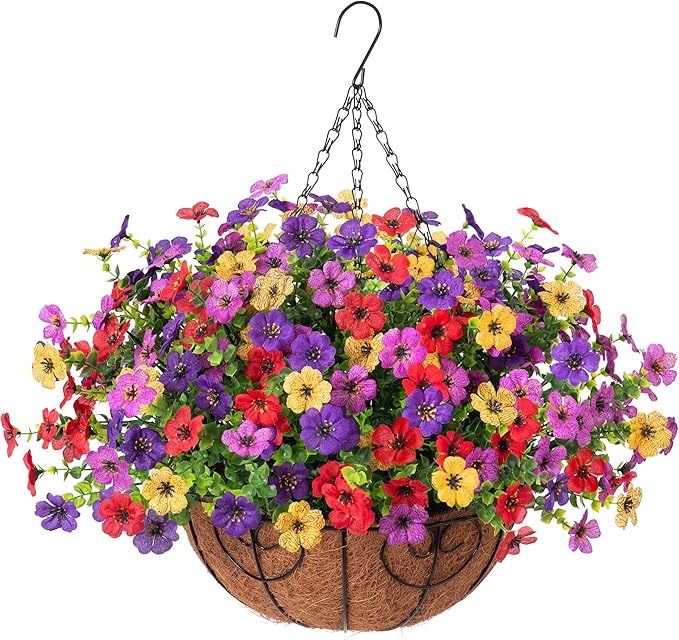 Ammyoo Artificial Faux Hanging Plants Flowers Basket for Spring Outdoor Decoration, Fake Silk Daisy UV Resistant Look Real with Eucalyptus Leaves Summer Outside Decor for Home Patio Garden