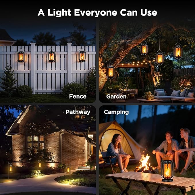 Hompavo Gen2 Solar Lanterns Outdoor Lights with Ultra-Real Flame, 2 Charging (USB/Solar) & 2 Modes - Waterproof Decorative Hanging/Table Lights for Pathway Yard Patio Garden Decor Gifts for Women, 2