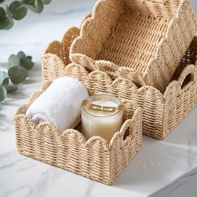Scalloped Wicker Baskets Set of 3, Hand-Woven Storage with Handles