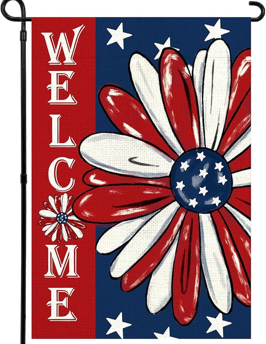 4th of July Garden Flag 12x18 Inch Double Sided, Patriotic Memorial Day Floral Flag for Yard Outdoor Decoration