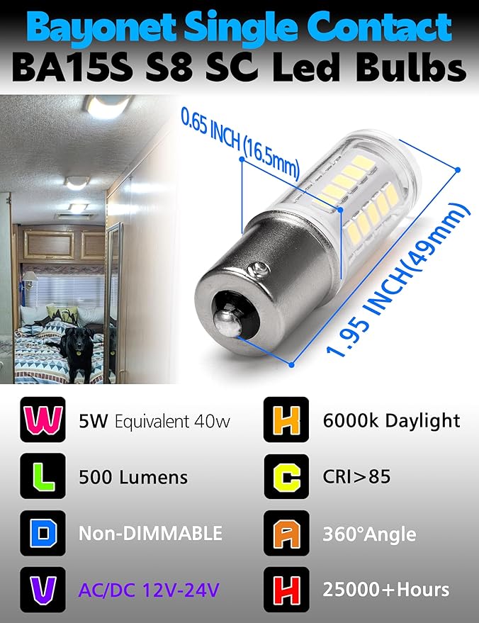 1156 BA15S LED Bulbs 12-24V, 1141 1003 7506 6000K Daylight White, Low Voltage Bayonet Single Contact, 5W 500LM Replacement For RV Landscape Interior Lights Camper Marine Boat Trailer Lights, 4Pack