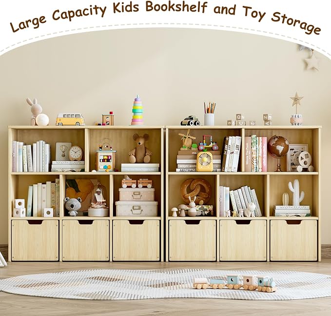 EXPERLAM Solid Pine Wood Toy Storage Organizer, Kids Bookshelf and Toy Organizer with 3 Rolling Drawers, 5 Storage Cubes, Montessori Playroom Storage Cabinet, Burlywood