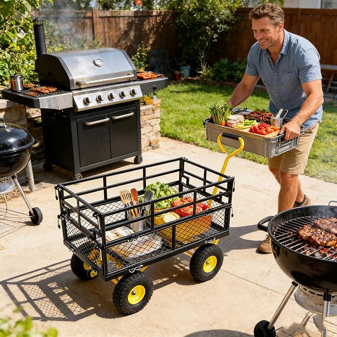 Steel Garden Cart 600 lbs Capacity Heavy Duty Garden Wagons,with Removable Steel Mesh Sides to Convert into Flatbed,Utility Metal Wagon w/ 180°Rotating Handle (Yellow-Pneumatic-Double Height)