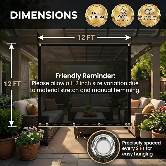 FAIR WIND 90% Sun Shade Cloth with Improved Grommets 12' x 12' Outdoor Sun Screen Fabric Cover for Patio Garden Pergola Canopy - Mocha