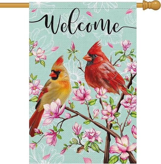 Cardinal Bird Welcome Spring Garden Flag, 28x40 Vertical Double Sided Burlap Tree Flower Spring Flag for Outside Farmhouse Yard Decorations