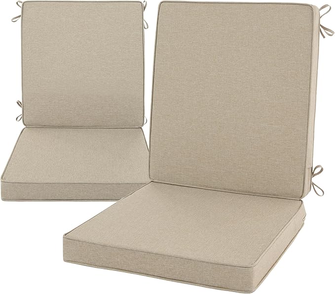 Outdoor Chair Cushions, Water-Resistant & Fade-Resistant, Patio Furniture Lawn Dining Chair Seat Replacement with Mid Back, Ties Zipper, Removable Cover, 18 x 16.5 Inch, Set of 2, Natural