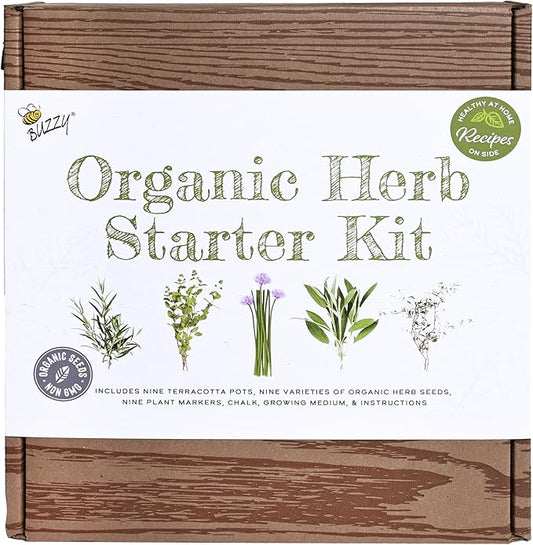 Buzzy Organic Herb Starter Kit – 9 Terracotta Pots, Organic Seeds & Soil Pellets – Indoor Herb Garden Kit with Plant Markers, Chalk & Instructions – Grow Fresh Basil, Parsley, Cilantro & More