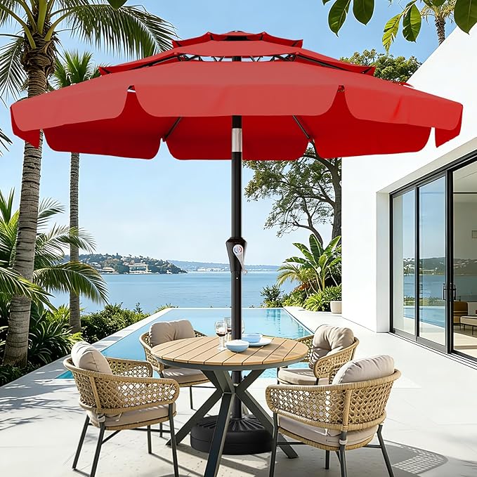 AreShark 10FT 3-Tiers Patio Umbrella with Valance, Outdoor Umbrellas with Crank/Tilt, Table Market Umbrella Vented w/ 8 Sturdy Ribs for Garden, Deck, Backyard, and Pool, Red
