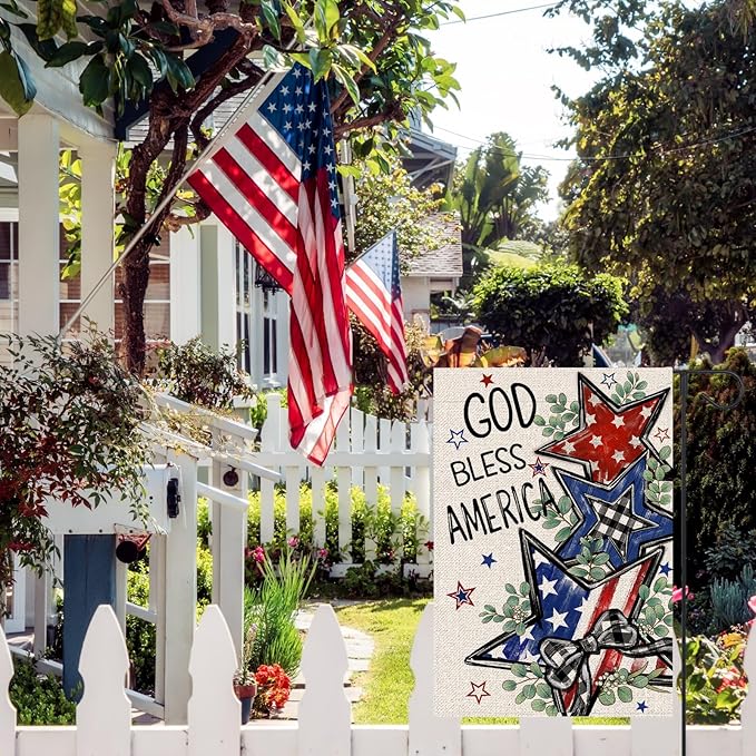 4th of July Garden Flag 12x18 Inch Double Sided Outside God Bless America Patriotic Stars Eucalyptus Memorial Day Independence Day Holiday Outdoor Yard Decoration