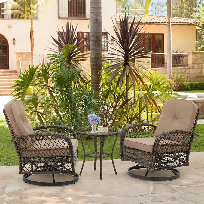 MELLCOM 3 Pieces Patio Furniture Set, Outdoor Swivel Rocker Patio Chairs, Wicker Patio Bistro Set with Rocking Chair, Thickened Cushions and Glass Coffee Table for Backyard, Garden, Khaki