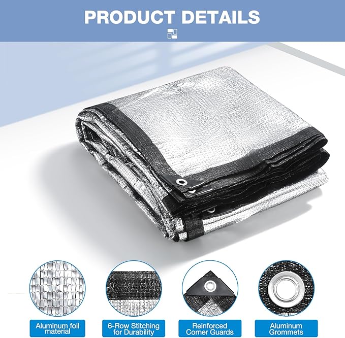 99% 6.5x10 FT Aluminet Shade Cloth with Grommets 6/8/10/12/20/ FT Aluminum Reflective Tarp Sun Heat Reflective Blocking Sun for Cars Garden Patio Kennel Outdoor Cover
