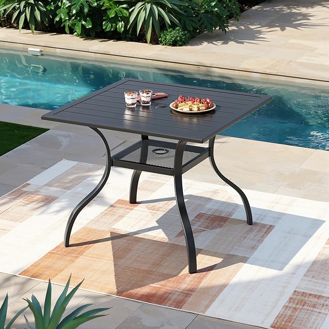 37" x 37" Patio Dining Table Outdoor Square Slated Furniture with Umbrella Hole, Metal Steel Frame(Black)