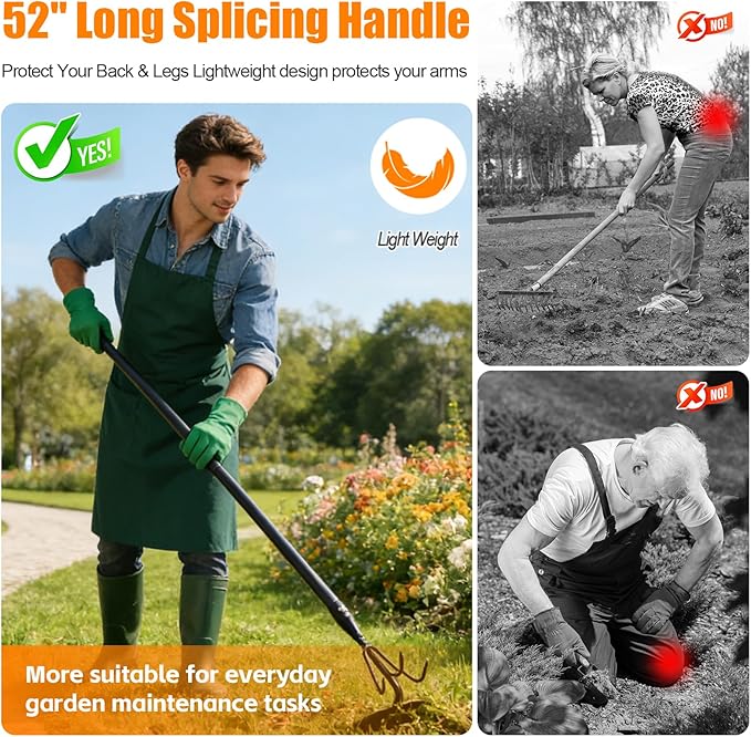 65 Inch 2-in-1 Hoe and Cultivator Garden Tool, Heavy Duty Garden Hoe with 3-Tine Tiller Rake for Weeding and Soil Loosening, Long Handle Stand Up Weed Removal Tool for Planting, Digging & Gardening