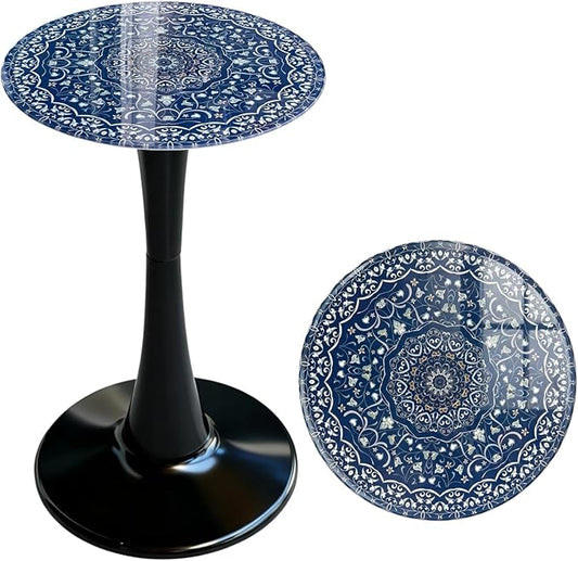 Simmer Stone 13.4" Outdoor Side Table, Round Patio Bistro Table Printed Tempered Glass Top, Waterproof Rust-Proof Base, Small Plant Stand for Balcony, Garden, Deck, 21.6" H (Blue Maze)