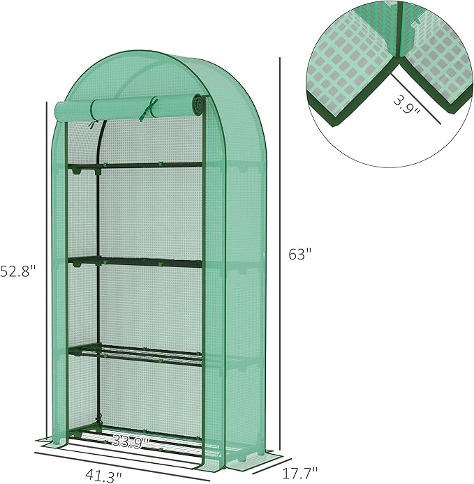 Outsunny 4 Tier Mini Greenhouse, 41.3" x 17.7" x 63" Portable Greenhouse with Roll-Up Door and PE Cover, for Backyard Garden, Green