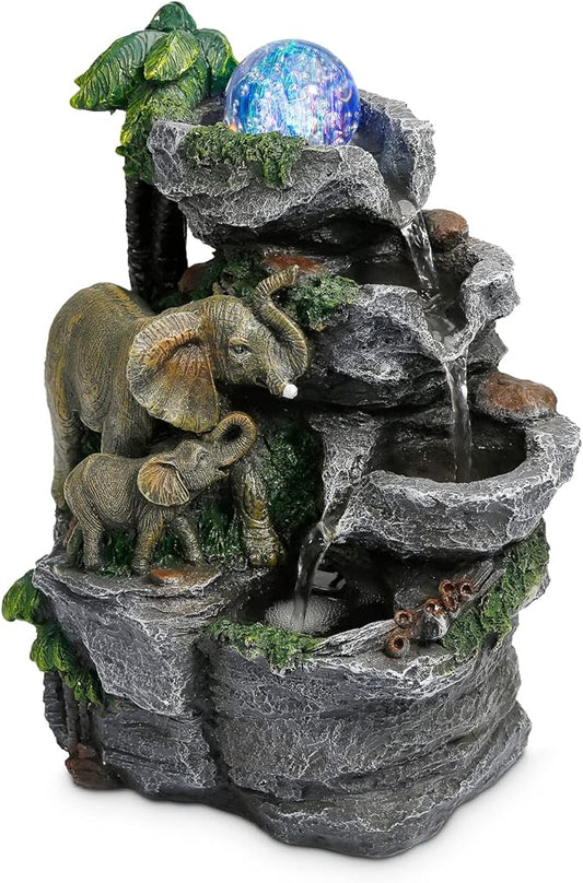 Dyna-Living Elephant Fountain Indoor Water Fountain, Tabletop Waterfall Fountain with Colorful LED Light and Rolling Ball Zen Water Feature Quiet Pump for Home Office Desk Decoration Gift