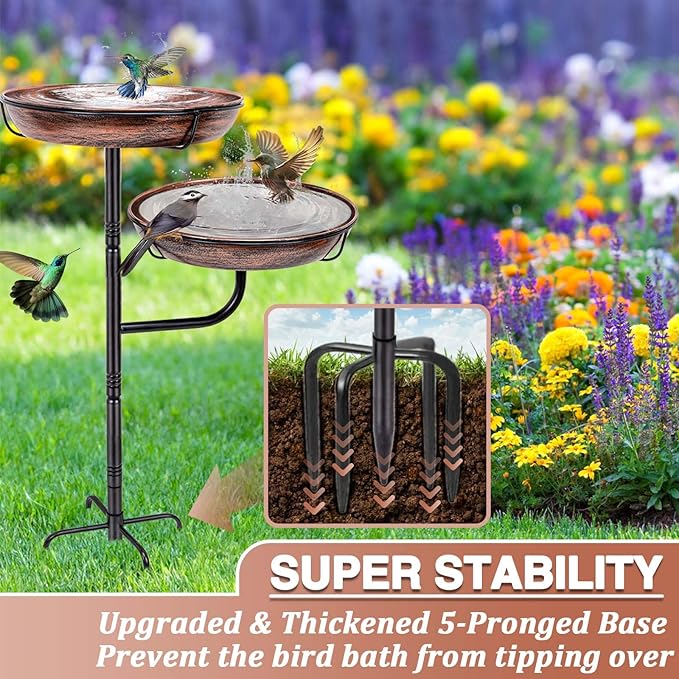 Metal Bird Bath for Outside, 41in Standing Bird Bath Feeder Bowl, Outdoor Freestanding Birdbaths Bowl, Double-Layer Bowl Bird Bath Stand for Garden Yard Patio Outdoor Decor, Upgraded 5-Pronged Base