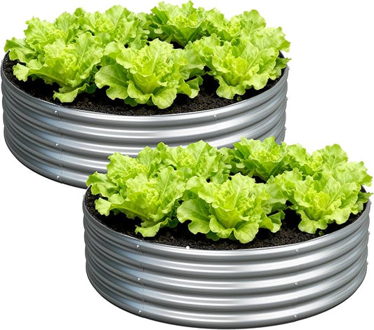 Foxlang 4x4x1ft(2 Pack) Galvanized Round Raised Garden Bed,Outdoor Planter Box Metal Patio Kit Planting Bed for Vegetables Flowers Herb,Silver