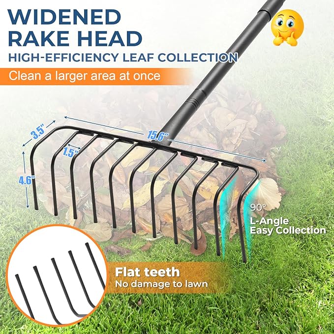 Bow Rake, Heavy Duty 16-Inch Metal Garden Rake with 72-Inch Long Handle & 11 Steel Tines – Durable Landscape Rake for Moving Soil, Gravel, Mulch, Thatch, Leaves, Hay, and Yard Debris