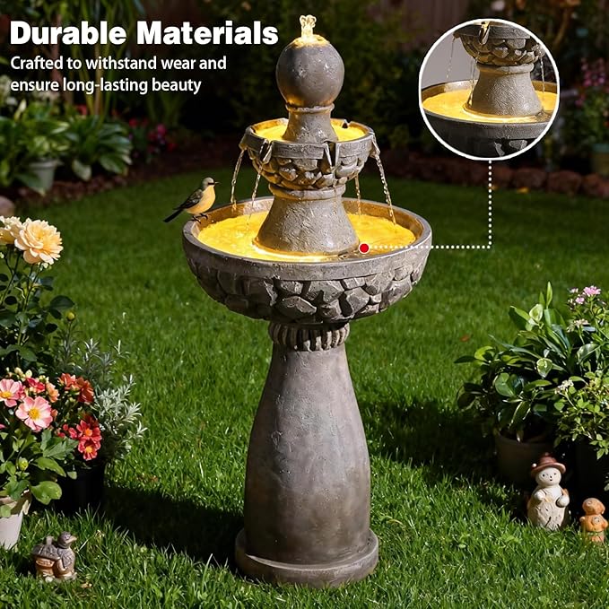Sunlinua 46.5H 3-Tier Outdoor Water Fountain with LED Lights Italian Resin Garden Fountain for Patio Yard Weather-Resistant Cascading Waterfall Feature with Quiet Pump Elegant Backyard Décor Gray