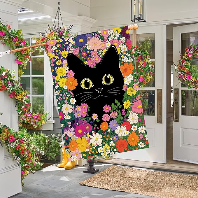 Baccessor Spring Summer Cat House Flag Double Sided 28 x 40 Inch Funny Black Cat Flower Floral Welcome large Flag Burlap Seasonal Yard Outdoor Outside Decoration (Large)