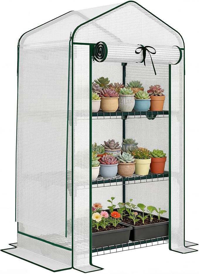 Outsunny 3 Tier Mini Greenhouse with Screen Roof, 27.6" x 19.7" x 50", Portable Small Greenhouse with High Strength PE Cover, Roll-Up Zipper Door for Garden Yard Backyard, White