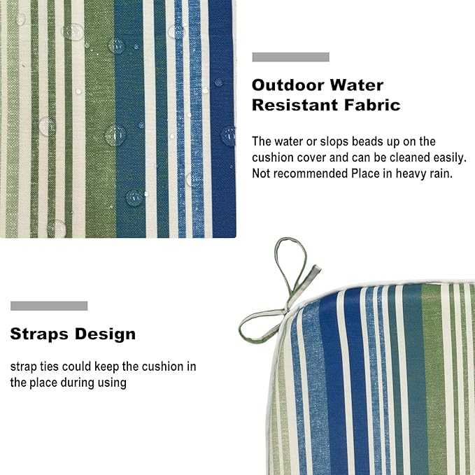 DYTXIII Set of 4 Outdoor Chair Cushions with Ties,Water Repellent Patio Chair Pads 17"x 16" for Outdoor Furniture,Round Corner Seat Cushions for Garden Yard Kitchen Stripe Blue Green