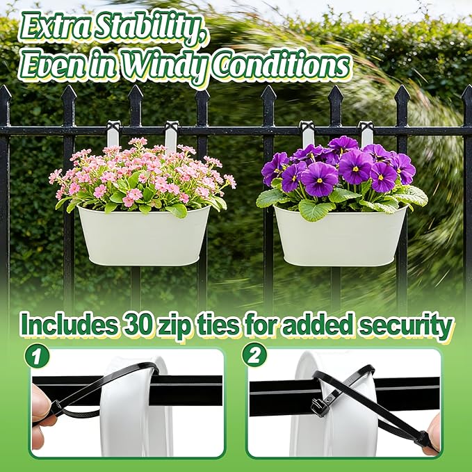 MADHOLLY Railing Planter with Drainage Holes - 6Pcs Sturdy Bucket Pots for Railing Fence, Countryside Style Metal Flower Pots for Herbs Balcony Garden Yard Decor, White