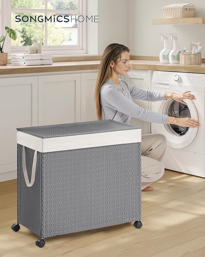 SONGMICS HOME Laundry Hamper with 3 Section, 140 L, Rattan, with Wheels | Rolling Clothes Basket with Lid, Removable Liner with Handles, Gray and Black, PEZZO Collection ULCB602G01