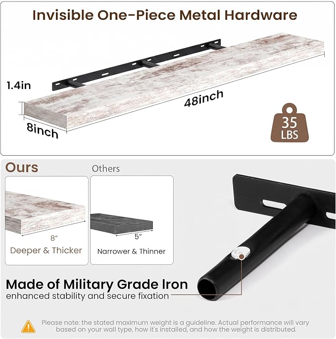 48x8in Floating Shelves 2 Pack, Wall Mount Display Shelf, White Washed | Invisible Brackets, 35lb Sturdy MDF, 48in Long, Easy Install, For Bedroom, Bathroom, Living Room, Kitchen & Office