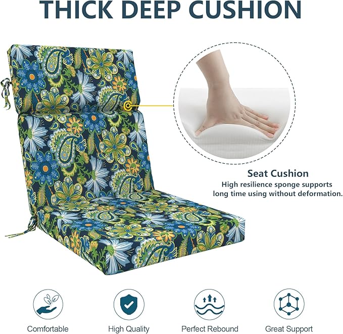 DYTXIII Outdoor High Back Chair Cushions Set of 2, 44"x22" Water Repellent Patio Seat Cushions with Elastic Sponge, All Weather Chair Pads for Rocking, Dining Chairs, Patio Furniture - Flower Child