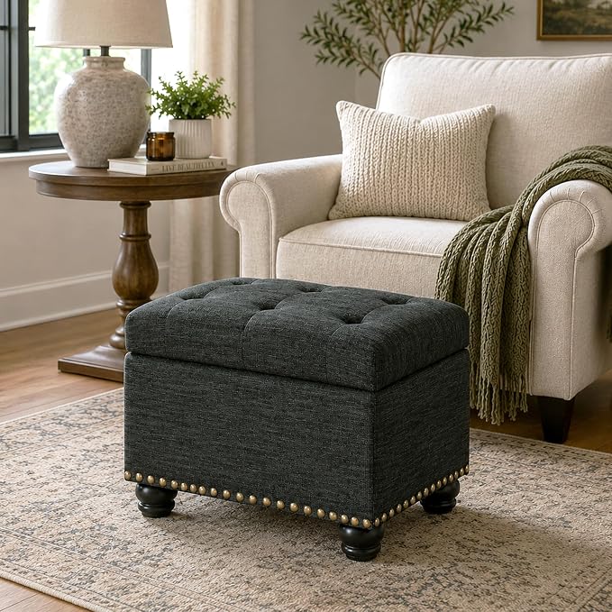 Convenience Concepts Designs4Comfort 5th Avenue Upholstered Storage Ottoman 24" - Contemporary Foot Stool and Seat with Hinged Lid for Living Room, Dining Room, Office, Den, Dark Charcoal Gray Fabric